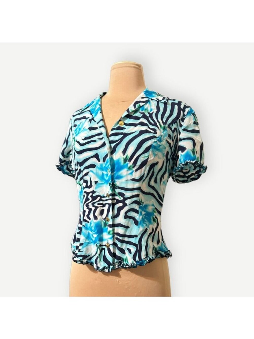 Escada Silk Blouse IT 34 US 4 Blue Abstract Print Gold Buttons EUC Ruffle